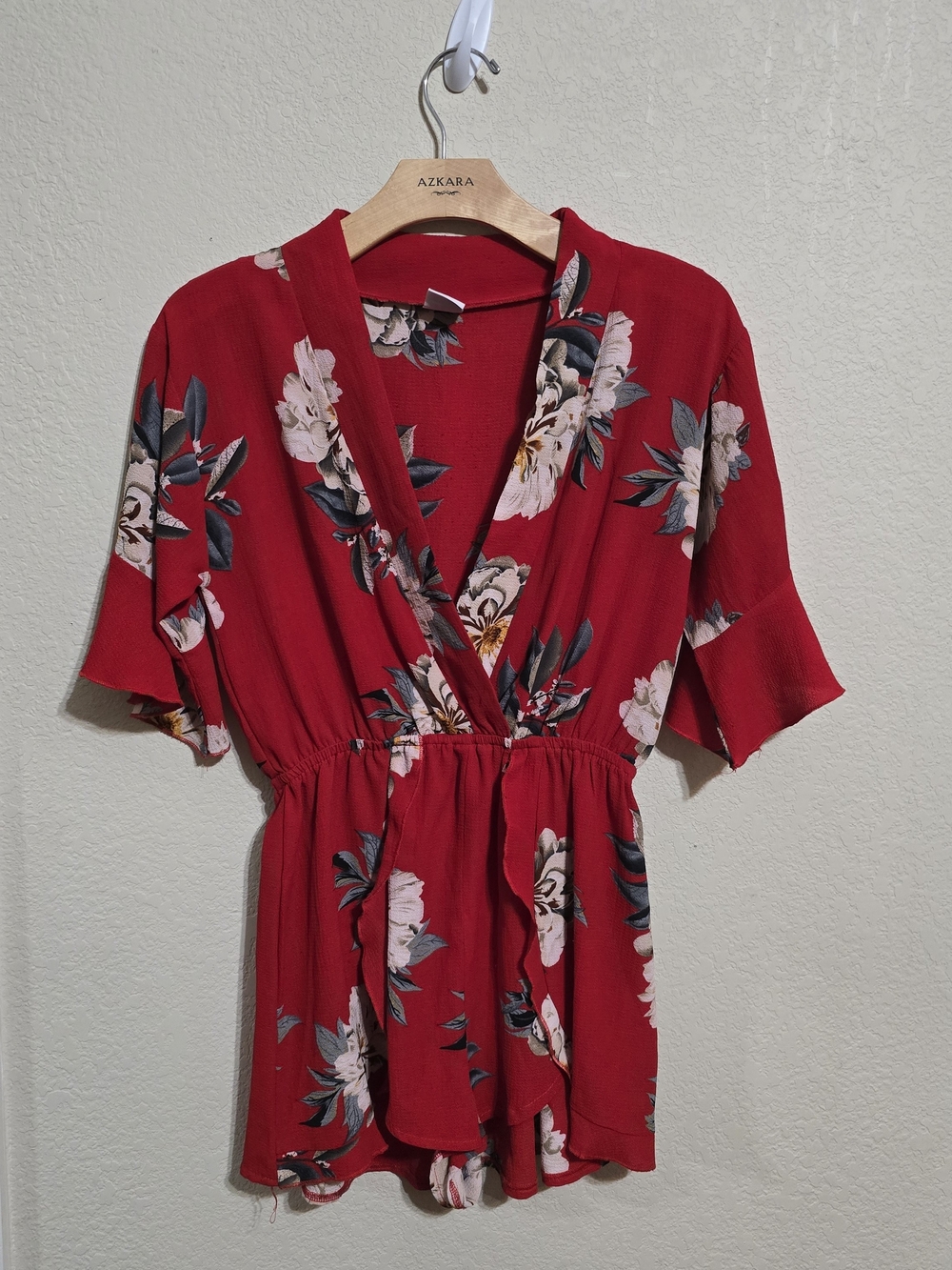 Selfie Leslie Red Floral Wrap Blouse